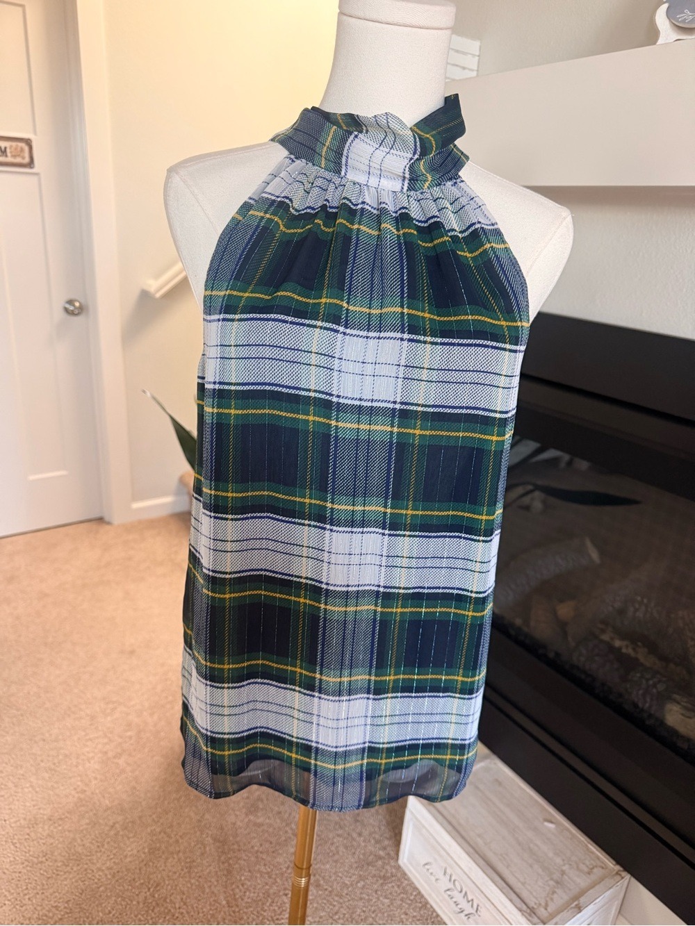 J. Crew Navy, Green & Yellow Plaid Halter Top